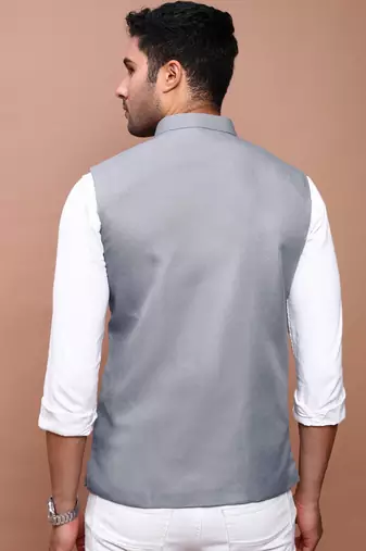 Showoff men's solid grey slim fit nehru jacket
