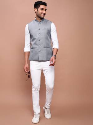 Showoff men's solid grey slim fit nehru jacket 5