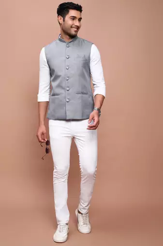 Showoff men's solid grey slim fit nehru jacket