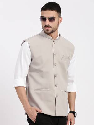 men's woven design beige slim fit nehru jacket 1