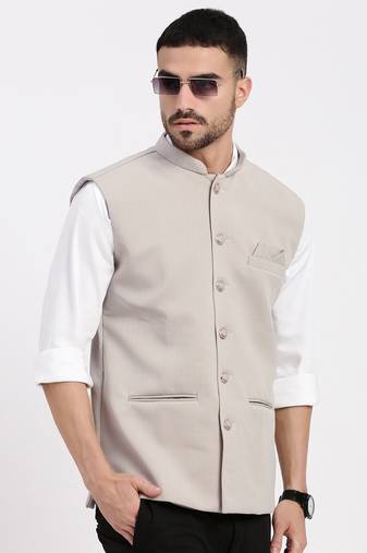 men's woven design beige slim fit nehru jacket