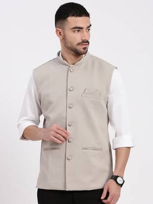 men's woven design beige slim fit nehru jacket 2
