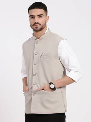 men's woven design beige slim fit nehru jacket 3