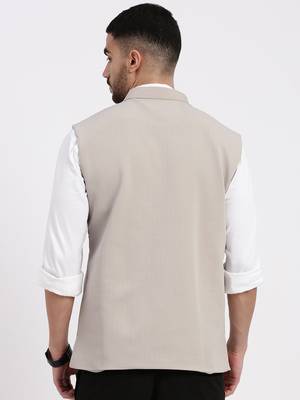 men's woven design beige slim fit nehru jacket 4