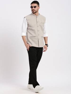 men's woven design beige slim fit nehru jacket 5