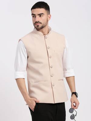 men's woven design peach slim fit nehru jacket 1