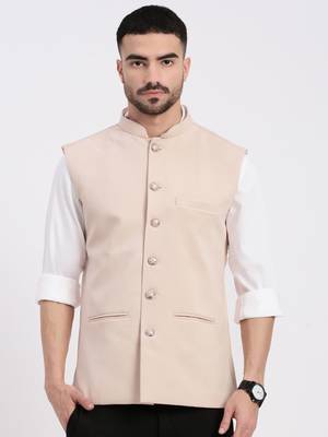 men's woven design peach slim fit nehru jacket 2