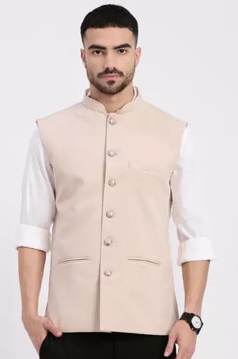 men's woven design peach slim fit nehru jacket