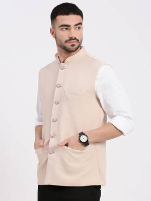 men's woven design peach slim fit nehru jacket 3