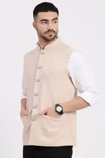 men's woven design peach slim fit nehru jacket