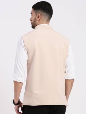 men's woven design peach slim fit nehru jacket 4
