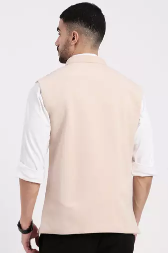 men's woven design peach slim fit nehru jacket