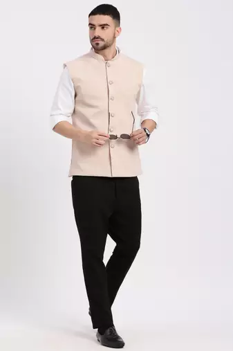 men's woven design peach slim fit nehru jacket