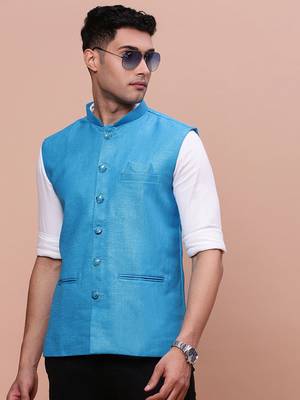 men's solid blue slim fit nehru jacket 1