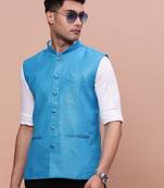men's solid blue slim fit nehru jacket