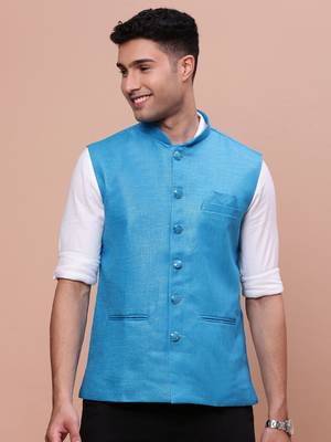 men's solid blue slim fit nehru jacket 2