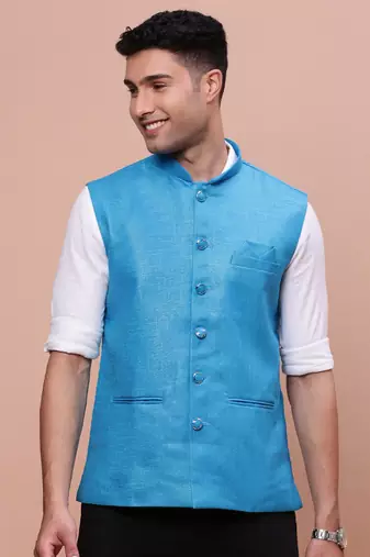 men's solid blue slim fit nehru jacket