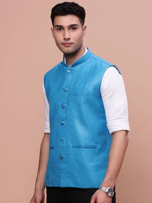 men's solid blue slim fit nehru jacket 3