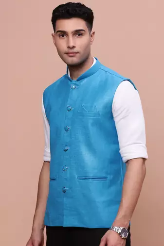 men's solid blue slim fit nehru jacket