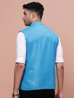 men's solid blue slim fit nehru jacket 4
