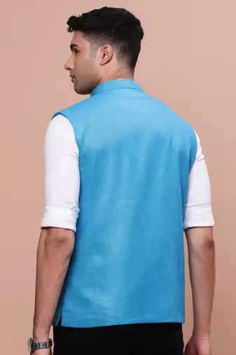 men's solid blue slim fit nehru jacket