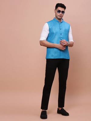 men's solid blue slim fit nehru jacket 5