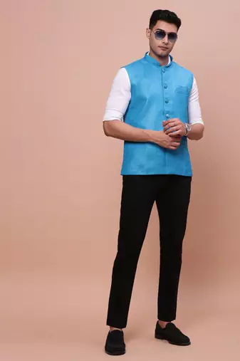 men's solid blue slim fit nehru jacket