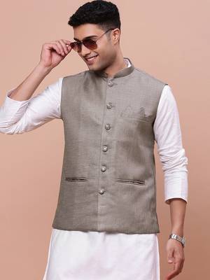 men's solid brown slim fit nehru jacket 1