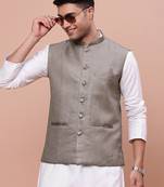 men's solid brown slim fit nehru jacket