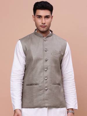 men's solid brown slim fit nehru jacket 2