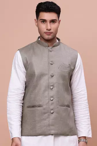 men's solid brown slim fit nehru jacket