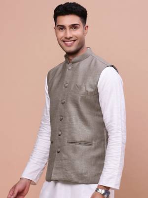 men's solid brown slim fit nehru jacket 3
