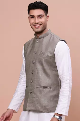 men's solid brown slim fit nehru jacket