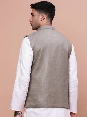 men's solid brown slim fit nehru jacket 4
