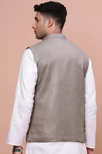 men's solid brown slim fit nehru jacket