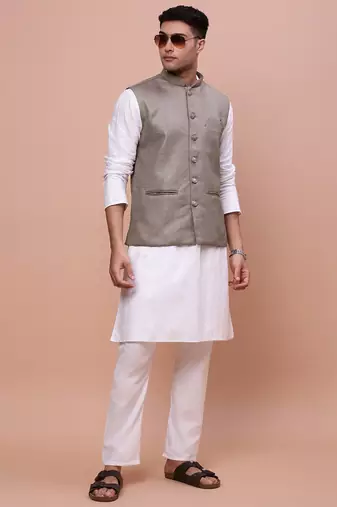 men's solid brown slim fit nehru jacket