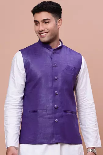 men's solid violet slim fit nehru jacket