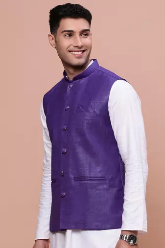 men's solid violet slim fit nehru jacket