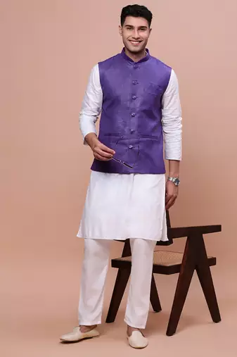 men's solid violet slim fit nehru jacket