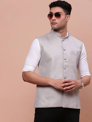 men's solid grey slim fit nehru jacket 1