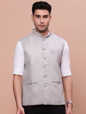 men's solid grey slim fit nehru jacket 2