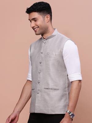 men's solid grey slim fit nehru jacket 3