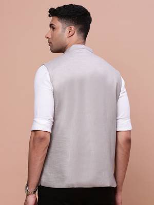 men's solid grey slim fit nehru jacket 4