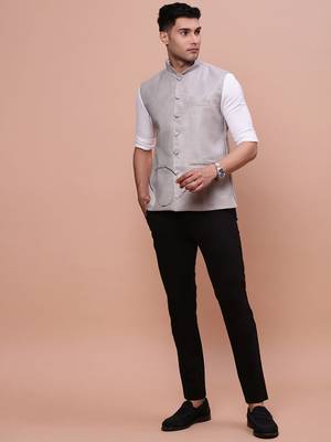 men's solid grey slim fit nehru jacket 5