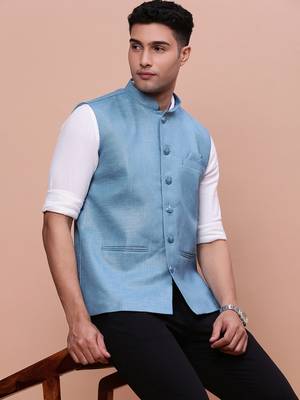 men's solid turquoise blue slim fit nehru jacket 1