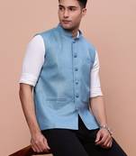 men's solid turquoise blue slim fit nehru jacket