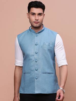 men's solid turquoise blue slim fit nehru jacket 2