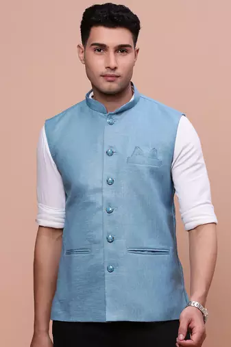 men's solid turquoise blue slim fit nehru jacket