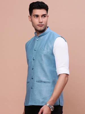 men's solid turquoise blue slim fit nehru jacket 3