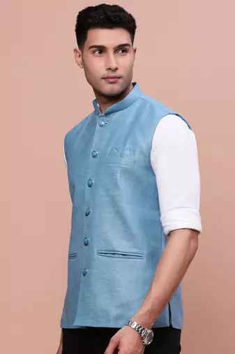 men's solid turquoise blue slim fit nehru jacket